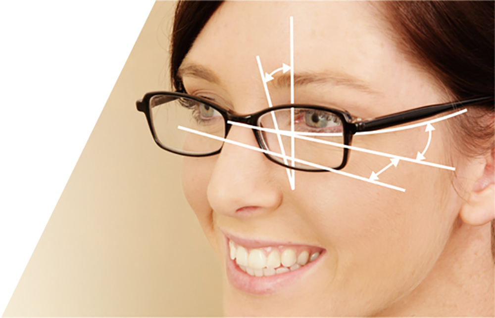 メガネのフレームと顔に対しての角度を配慮し、レンズと目の位置関係に応じての度数の調整を説明する図